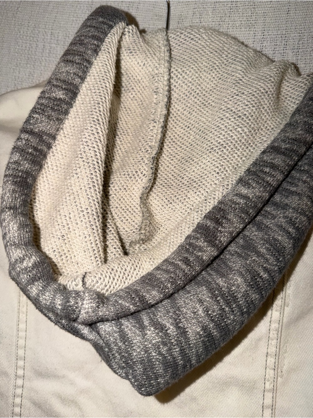 Free People | Knit Hooded White Denim Distressed Jean Jacket Fabric Sleeves - XS - Picture 5 of 14